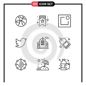 Pictogram Set of 9 Simple Outlines of market, corporation, notice, business, twitter