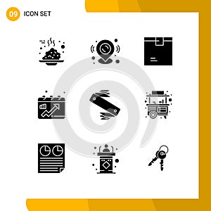 Pictogram Set of 9 Simple Solid Glyphs of graph, chart, map pin, calendar, product