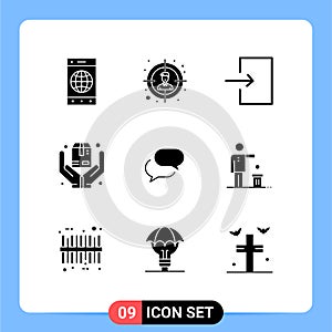 Pictogram Set of 9 Simple Solid Glyphs of mail, chat, enter, chating, safe