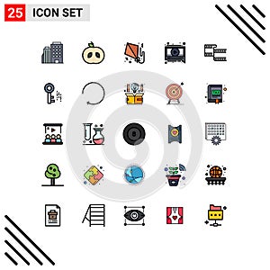 Pictogram Set of 25 Simple Filled line Flat Colors of internet, movi, flying, filam, message photo