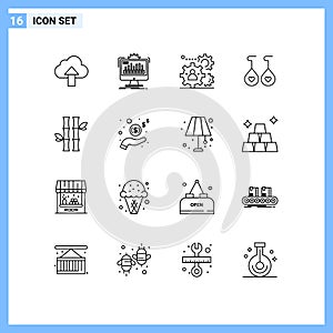 Pictogram Set of 16 Simple Outlines of bamboo, love, processing, earing, team