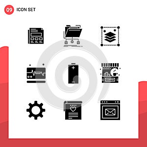 Pictogram Set of 9 Simple Solid Glyphs of electric, pulse, network, monitor, misc photo
