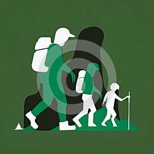 Pictogram of three hikers with a large backpack and hiking poles climbing a mountain in dark green tones. AI Generated photo