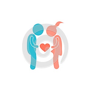 Pictogram Woman and man with heart. Love icon, isolated on white, vector