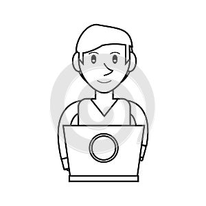 Pictogram young man working laptop design