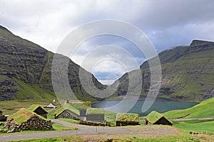 The pictoresque village of Saksun with the turf roofs, Faroe Isl