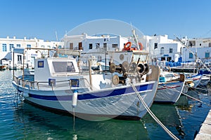 Pictoresque whitewashed port of Naoussa, Paros island, Cyclades Archipelago, Greece