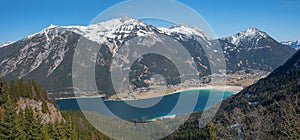 pictorial austrian landscape with view to lake achensee and rofan mountain mass