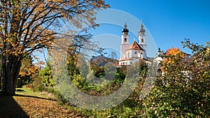 Pictorial autumn scenery, Aschau im Chiemgau, church with twin tower, tourist resort upper bavaria