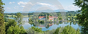 Pictorial bavarian landscape with view to lake Seeon and cloister