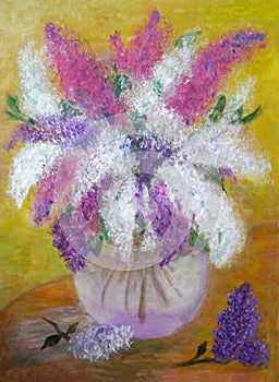 Pictorial greeting card with bouquet of vivid lilas