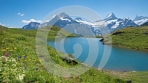 Pictorial hiking destination Bachalpsee, view to mountain range and flower meadow, Bernese Oberland