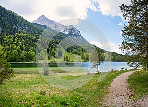 Pictorial lake Lautersee in may, view to Wettersteinspitze mountain. Hiking area Mittenwald, bavaria