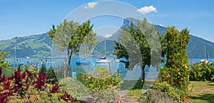 Pictorial lake shore Thunersee with garden in the front and view to Niederhorn mountain, tourist resort Faulensee swiss