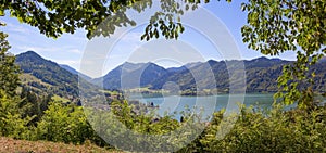 Pictorial lake view schliersee from mountain path