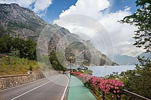 pictorial lakeside road with flower decoration near limone, garda lake