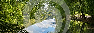 Pictorial moor lake Thanninger Weiher, green spring landscape, hanging branches of beech trees