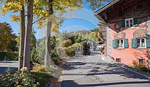 Pictorial tourist resort Mittenwald, autumnal scenery, house with mural painting