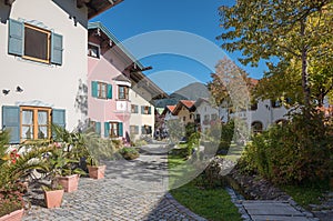 Pictorial tourist resort Mittenwald, pedestrian area in the old town