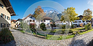 Pictorial tourist resort Mittenwald, pedestrian area in the old town