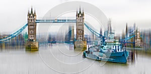 Pictorial view with HMS Belfast on the River Thames in London an