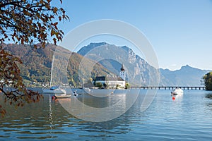 Pictorial water castle, called Schloss Orth, at Traunsee lake, Salzkammergut austria