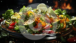 Pictoric still life of bell peppers in a big plate