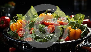 Pictoric still life of bell peppers in a big plate