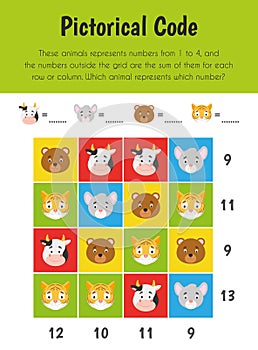 Pictorical code Educational Sheet. Primary module for Numerical Ability. 5-6 years old