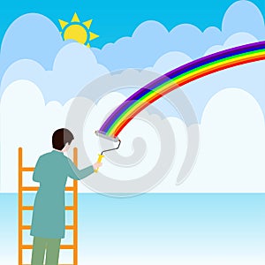 Man on a ladder painting a rainbow on clouds photo