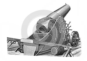 Picture of 19th century cannon engraved in the old book Meyers Lexicon, vol. 7, 1897, Leipzig