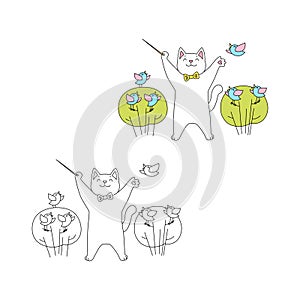 Coloring page with cute cat in spring