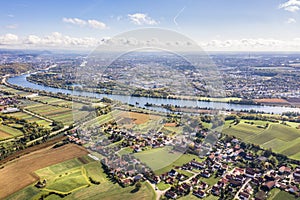 Picture of an aerial view of the city of Regensburg in Bavaria and the landscape with the river Danube and fields and meadows, Ger