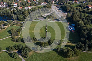 Picture of an aerial view with a drone of the city of Grafenau in the Bavarian Forest with spa gardens and soccer field, Germany