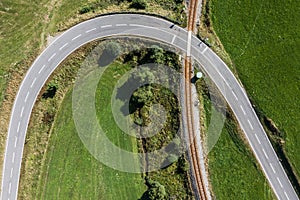 Picture of an aerial view with a drone of an unguarded railroad crossing in the Bavarian forest near Grafenau, Germany