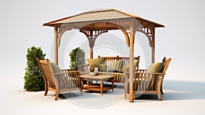 Picture of arbour with comfortable garden furniture. Generative Ai