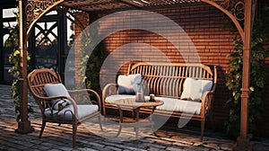 Picture of arbour with comfortable garden furniture. Generative Ai