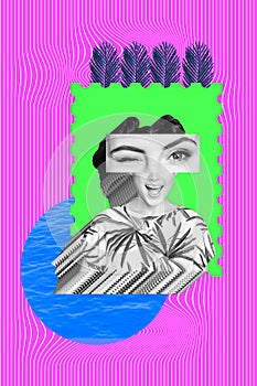 Picture artwork sketch collage of happy positive girl have fun rejoicing flirting winking eye isolated on pink color