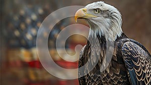 A picture of a bald American eagle with background is the American flag