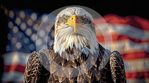 A picture of a bald American eagle with background is the American flag