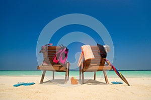 Picture of Beach lounger on the tropical beach, vacation. Travel