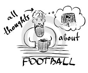 Picture of a bearded mustachioed man with a beer mug sits in a bar and remembers a football match
