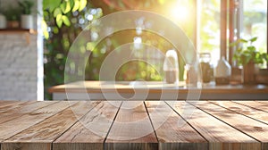 This is a picture of a beautiful brown wood table top kitchen interior with blurred defocus and daylight flare bokeh