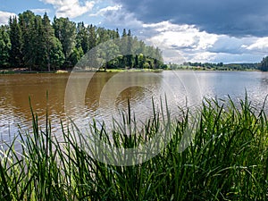 Picture of a beautiful lake and clouds, summer sunny day