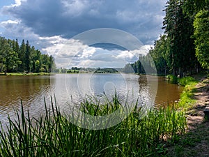 Picture of a beautiful lake and clouds, summer sunny day