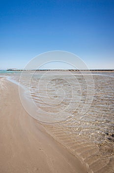 Picture of the beautiful view of sea with blue skies/Empty summer beach on the sea and sunny sky