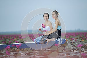 Beautiful lotus flower field at the red lotus sea