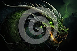 A picture of a big green dragon with a green fire in the eye.