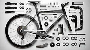 Picture of bike with parts and tools on the side of it. Generative AI