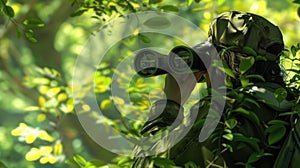 The bird watcher using binocular and searching for the bird in a forest. AIG43.